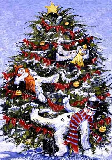 Snowmen in a Christmas Tree, 1999 (gouache on paper)  von David  Cooke
