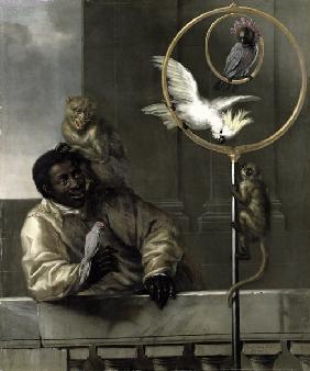 Schwarzer Mann mit Papageien und Affen 1670