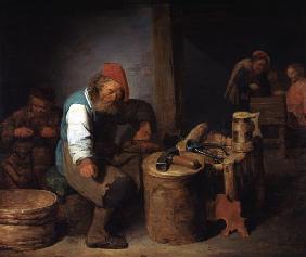 Schuster mit seinen Gesellen in der Werkstatt 1655