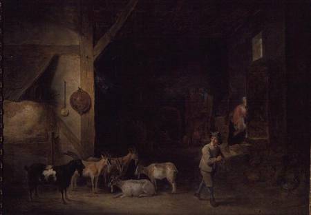 Barn with goats and a boy playing the recorder von David Teniers