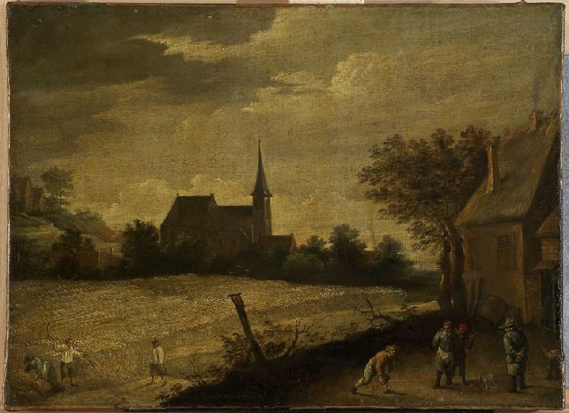 Landschaft mit mähenden und kegelspielenden Bauern. von David Teniers