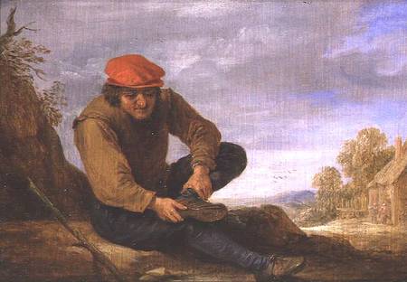 Seated man removing his shoe (panel) von David Teniers