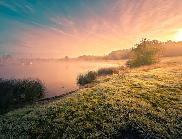 Cospudener See im Nebel und Sonnenaufgang von Dennis Wetzel