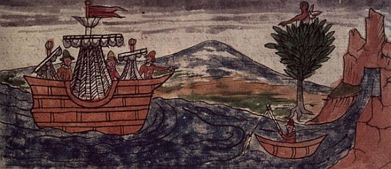 Fol.197v An Indian spy observes the arrival of a Spanish ship on the Mexican coast von Diego Duran