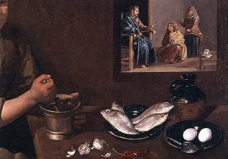 Kitchen Scene with Christ in the House of Martha and Mary (detail of Food on the Table with Christ, von Diego Rodriguez de Silva y Velázquez