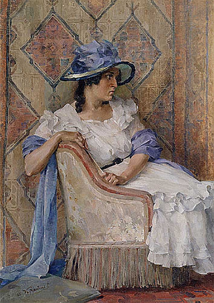 Dame in weißem Kleid und blauem Hut von Dmitry Kraynew