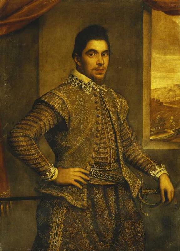 Bildnis eines Gentleman in besticktem Kostüm vor Landschaft. von Domenico Tintoretto