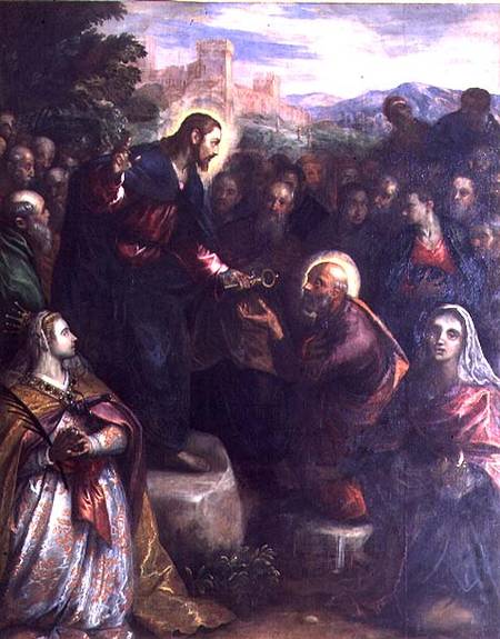 Christ Delivering the Keys to St. Peter with St. Jacinta and St. Justina of Padua von Domenico Tintoretto