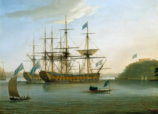 Two British Men of War moored under Mount Edgecomb, Plymouth with the admiral's barge returning to s von Dominic Serres