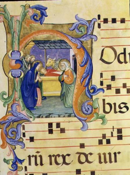 Ms 571 f.6r Historiated initial 'H' depicting the Nativity from an antiphon illuminated by Don Simon von Don Simone Camaldolese