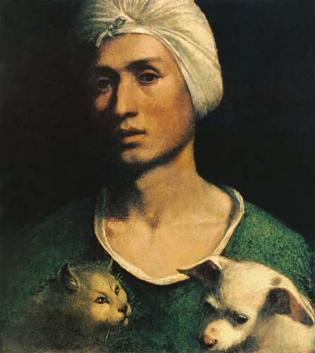 Portrait of a Young Man With a Dog and a Cat von Dosso Dossi