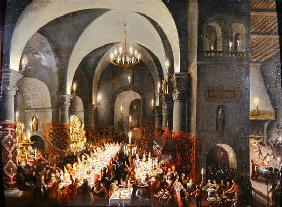 Belshazzar's Feast showing the hand of God writing the words 'Mane, Tekel, Phares' (oil on canvas) 1886