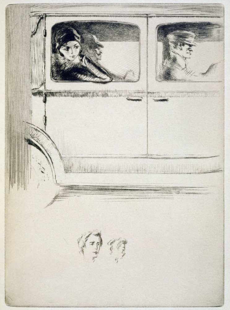 Ein Paar in einem Auto mit Chauffeur, Illustration für Mitsou von Sidonie-Gabrielle Colette von Edgar Chahine