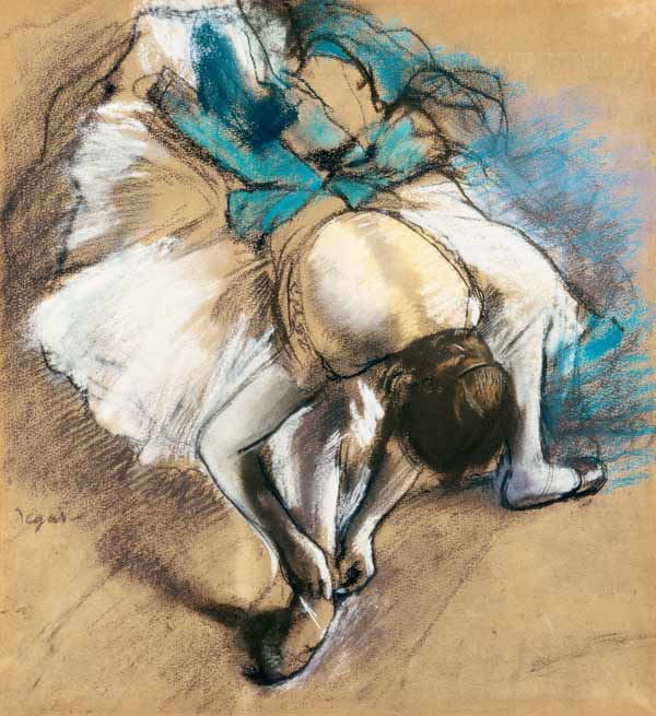 Tänzerin beim Schnüren der Ballettschuhe von Edgar Degas
