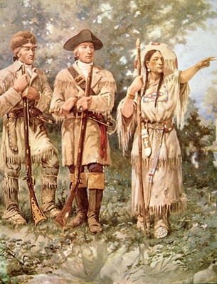Lewis and Clark with Sacagawea (colour litho) (detail) von Edgar Samuel Paxson