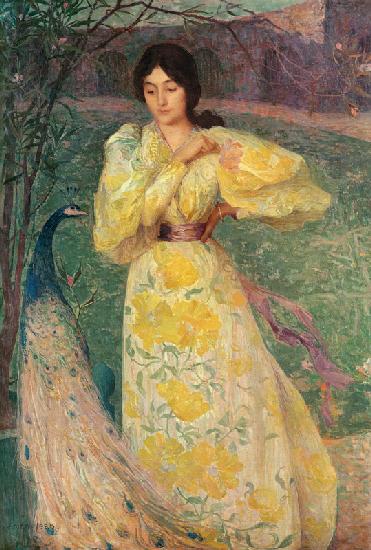 Young Girl with a Peacock (oil on canvas) 1572