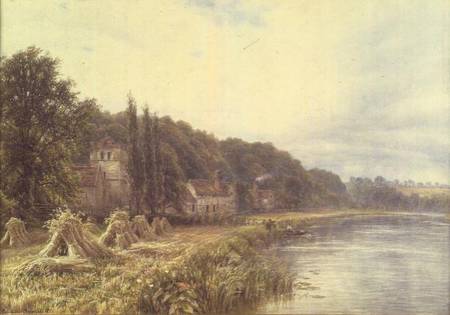 Riverside Village with figures fishing von Edmund George Warren