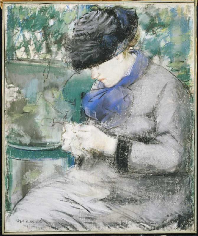 Mädchen, im Garten sitzend oder: Das Stricken von Edouard Manet