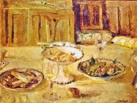 Bowls of fruit and biscuits and wineglass (oil on canvas) 