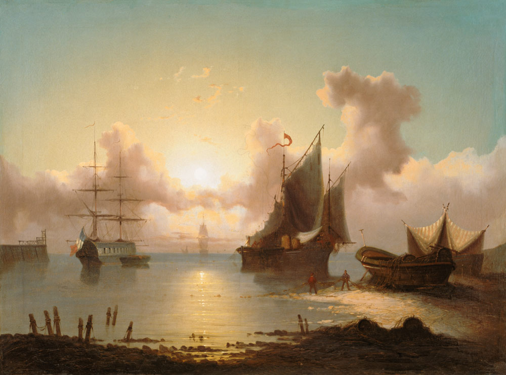 Segelschiffe bei Sonnenuntergang und Fischer beim Einziehen eines Netzes. von Eduard Agricola