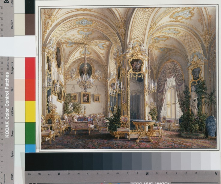 Die Interieurs des Winterpalastes. Der Salon im Rokoko Stil mit Amore von Eduard Hau