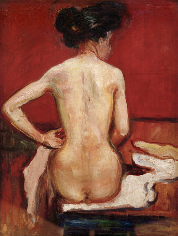 Sitzender Rückenakt vor rotem Hintergrund von Edvard Munch