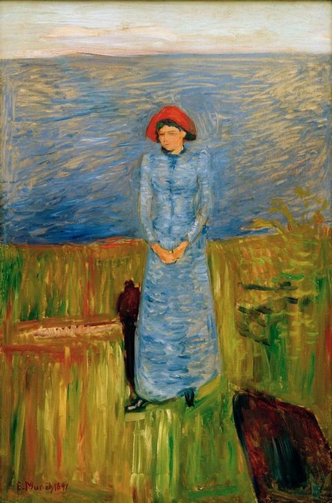 Frau mit rotem Hut beim Fjord von Edvard Munch