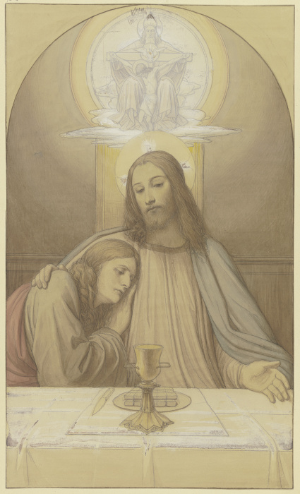 Christus mit dem Lieblingsjünger Johannes, Halbfiguren am Tisch des letzten Abendmahles, über ihnen  von Edward von Steinle