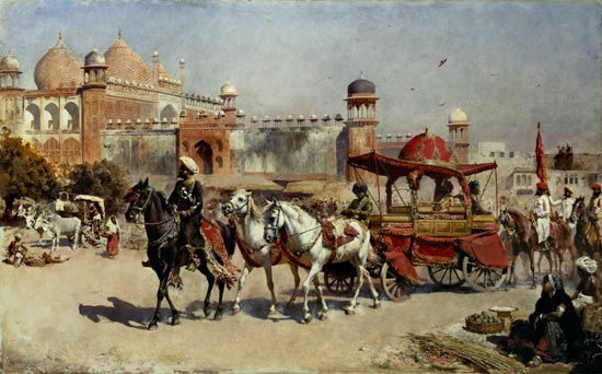 Prozession vor der Jama Masjid Moschee in Agra. von Edwin Lord Weeks