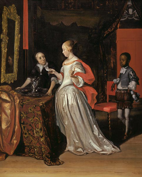 Eine Dame mit Brief wird bedient von einem Pagen, während eine Magd ein Silberkrug und ein Becken au von Eglon Hendrick van der Neer
