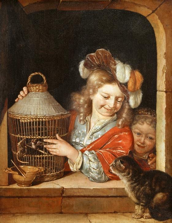 Kinder mit Vogelkäfig und Katze von Eglon Hendrik van der Neer