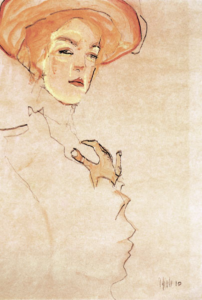 Dame mit orangefarbenem Hut von Egon Schiele