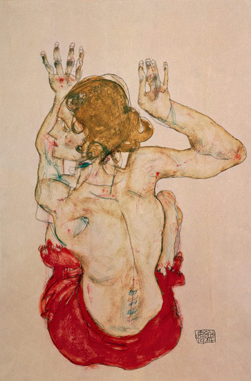 Rückenakt eines auf rotem Tuch sitzenden Mädchens von Egon Schiele