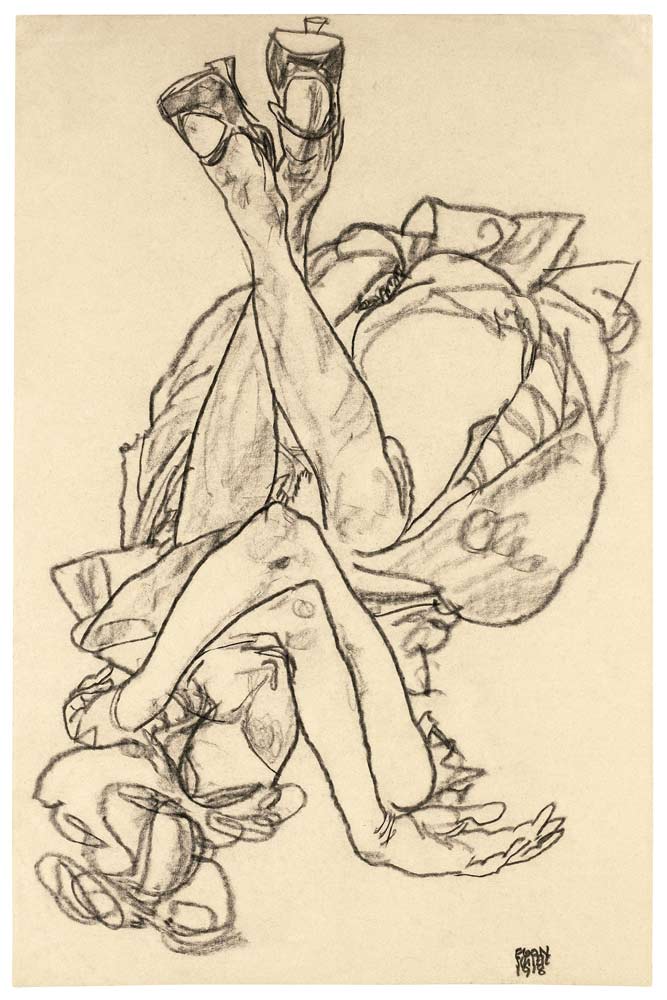 Am Rücken liegendes Mädchen mit überkreuzten Armen und Beinen von Egon Schiele