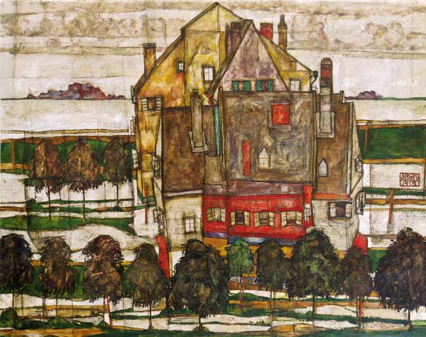 Einzelne Häuser (Häuser mit Bergen) von Egon Schiele