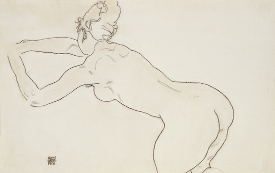 Female Nude Kneeling  And Bending Forward To The Left von Egon Schiele