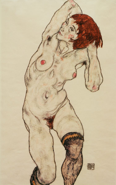 Frau mit schwarzen Socken von Egon Schiele