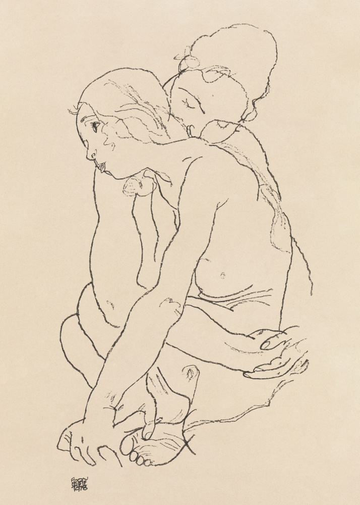 Frau und Mädchen umarmen sich 1918 von Egon Schiele