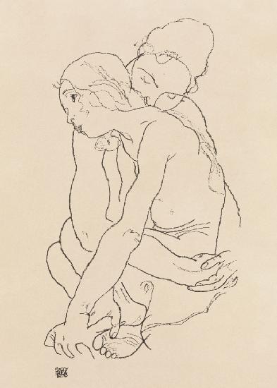 Frau und Mädchen umarmen sich 1918