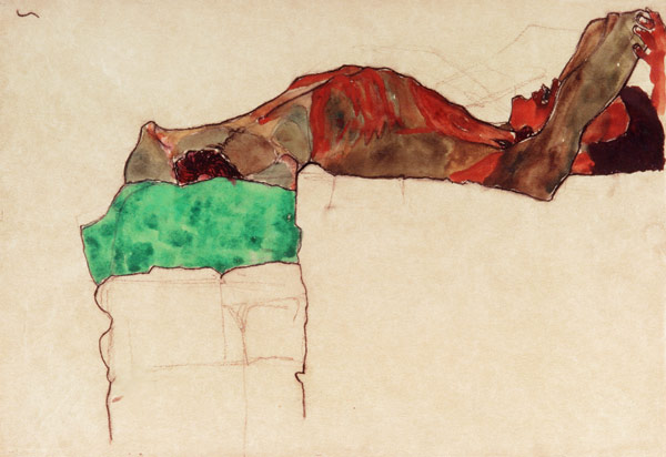 Liegender männlicher Akt mit grünem Tuch von Egon Schiele