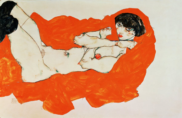 Liegender Akt auf orangefarbigem Grund von Egon Schiele