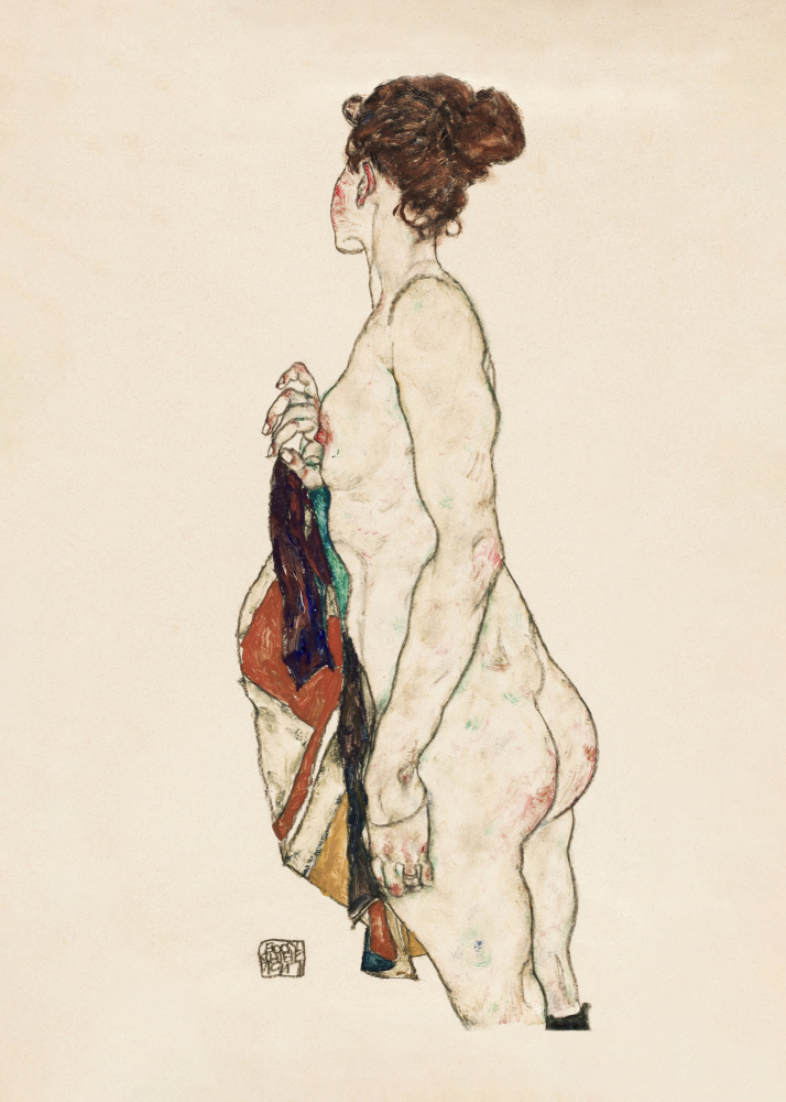 Stehende nackte Frau mit gemustertem Gewand,1917 von Egon Schiele