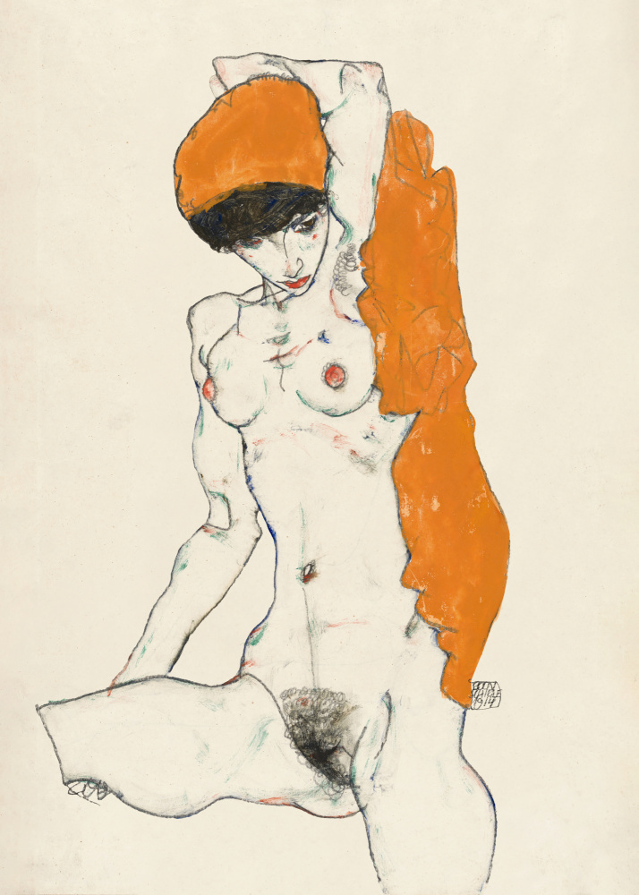 Stehender Akt mit orangefarbenem Vorhang,1914 von Egon Schiele