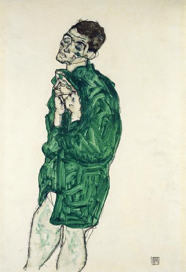 Selbstdarstellung in grünem Hemd mit geschlossenen Augen 1914