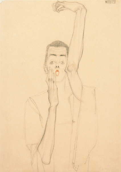 Young Man With A Raided Arm And Red Mouth von Egon Schiele