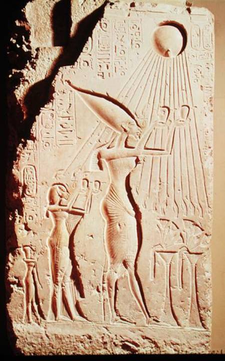 Relief depicting Amenophis IV (Akhenaten) (c.1364-47 BC), Nefertiti and their Daughter, Meritaton, M von Egyptian