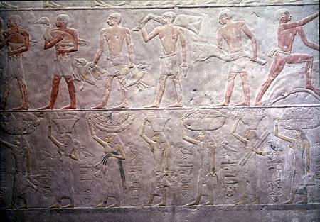 Relief depicting people carrying offerings of food, from the Mastaba of Akhethotep, Old Kingdom von Egyptian