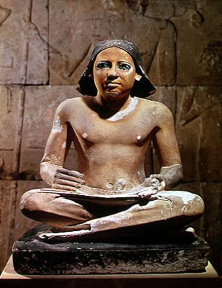Scribe seated cross-legged holding a papyrus scroll, from Saqqara, Old Kingdom c.2475 BC von Egyptian