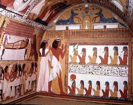 Sennedjem and his wife facing a naos containing twelve divinities, from the west wall of the Tomb of von Egyptian