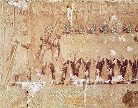 Relief depicting soldiers sent by Queen Hatshepsut on an expedition to the Land of Punt to bring bac c.1503-148